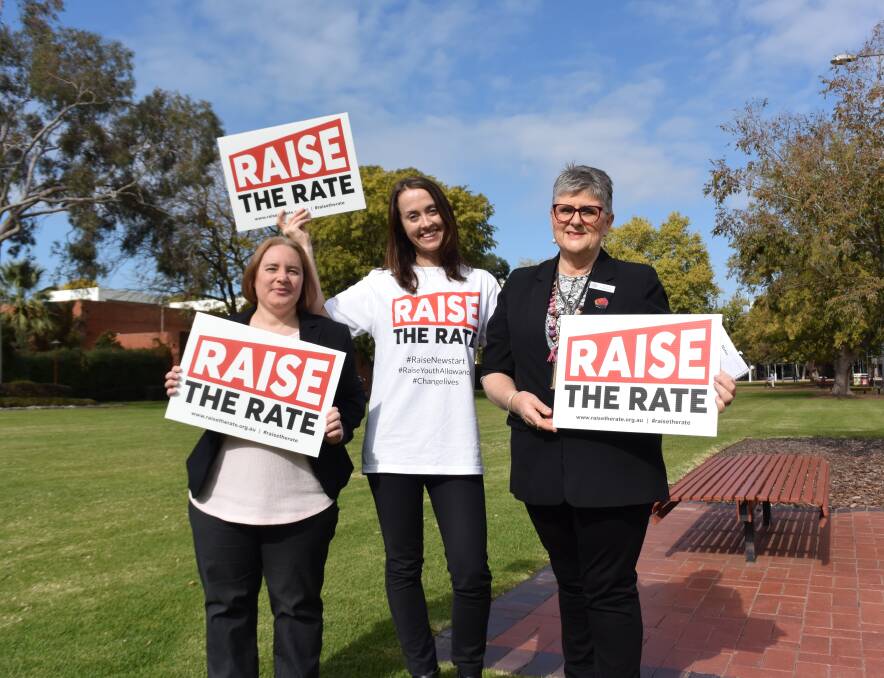 MESSAGE CLEAR: Emily Lightfoot, Newstart recipient, ACOSS senior adviser Charmaine Crowe and CWA national president Tanya Cameron want to see a $75 a week increase in payments such as Newstart and Youth Allowance.