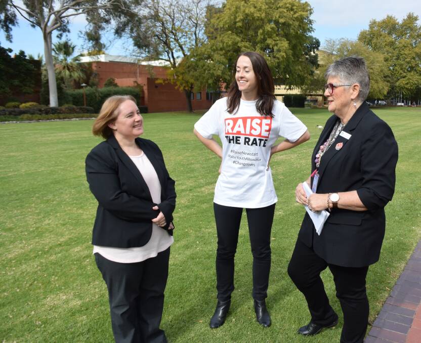 JOINT EFFORTS: Newstart recipient Emily Lightfoot, ACOSS senior adviser Charmaine Crowe and CWA national president Tanya Cameron support the Raise The Rate campaign.