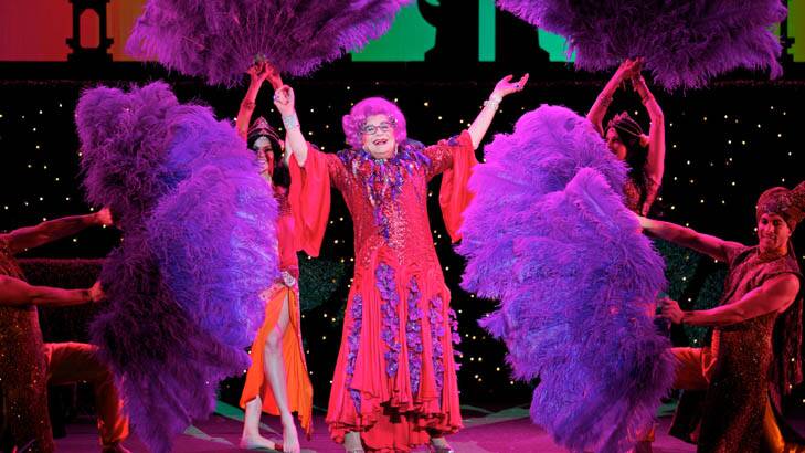 Dame Edna Everage in her stage show <i>Eat, Pray, Laugh</i>.
