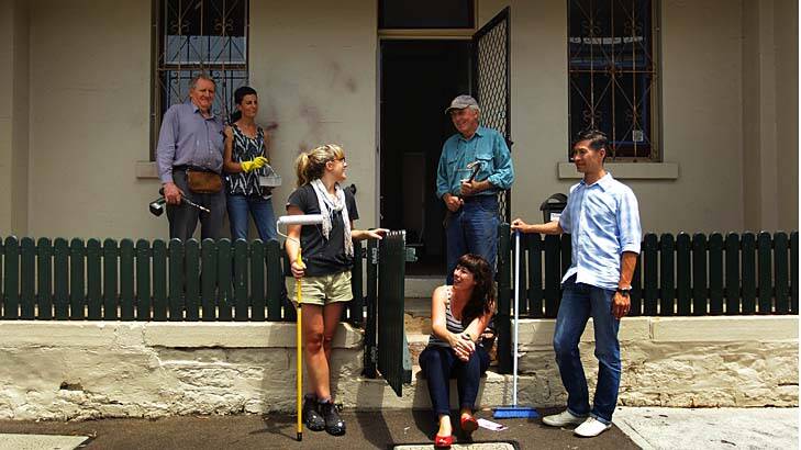 Lending expertise … John Murray, Min Dark, Genevieve Murray, Kate Walsh, Ken Oates and Tim Magdalino transformed the Redfern cottage with the help of friends.