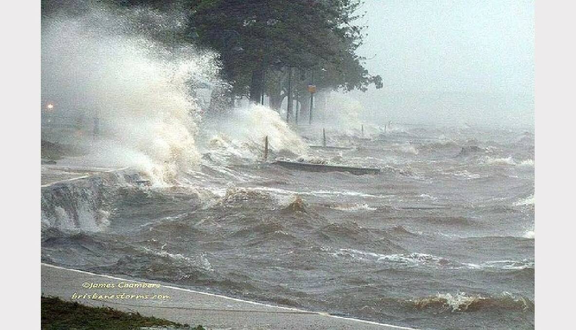 Wind whips up seas at Wynnum Sunday morning. Photo: James Chambers