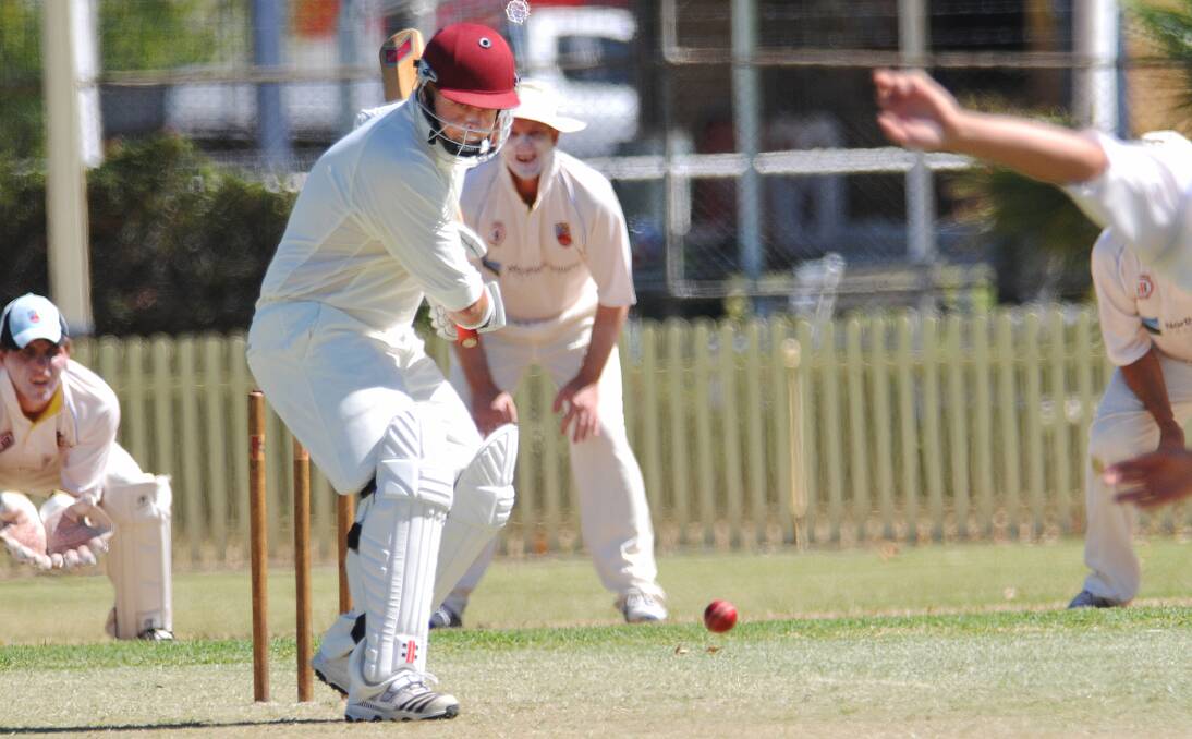 Inverell’s Brendon Campbell drives in Sunday’s Connolly Cup semi-final loss to Tamworth. He scored 18 in his side’s 158 before Tamworth replied with 2-163.  Photo: Geoff O’Neill 090214GOB04