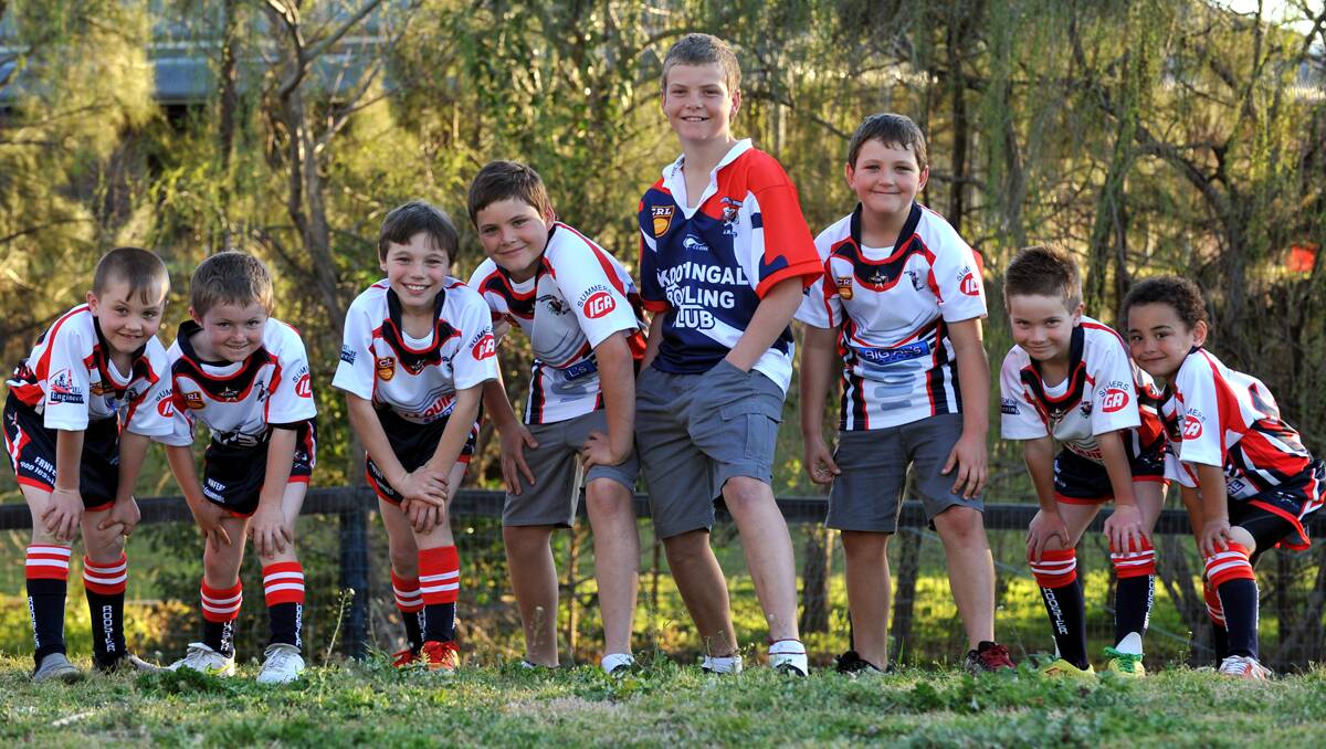 Kootingal-Moonbi juniors (from left) Dylan Dow, Boston de Belle, Ryan Hobden, Jye, Jake and Toby Taggart, Byron Lees and William Morris are looking forward to Saturday’s visit of Alfie Langer and Allan Robinson. 270812GSD02