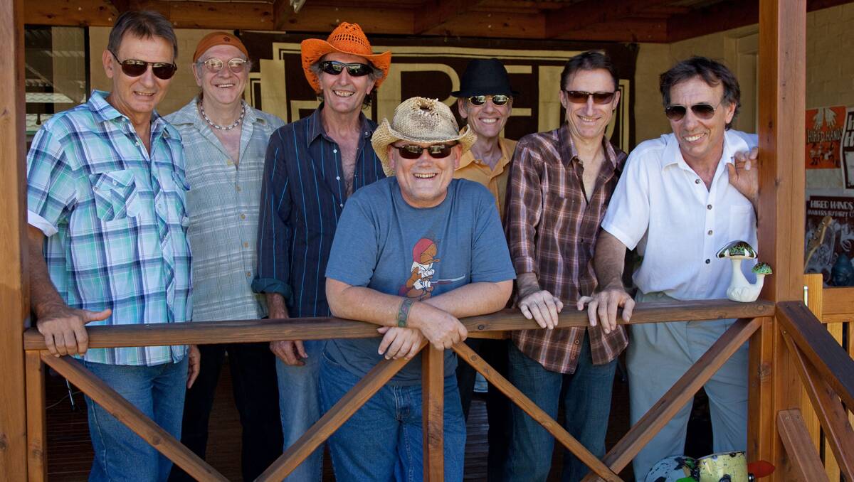 HANDY GIG: The Hired Hands are on the move and will present their annual reunion gig at the Courthouse Hotel. From left, Russell Adams, Randall Wilson, Kirk Steel, Pixie Jenkins, Ted Tilbrook, Lawrie Minson and Garry Steel.