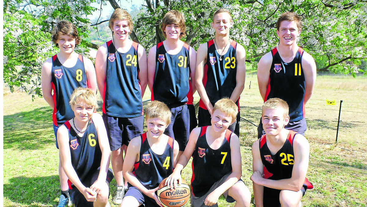 Off to Terrigal for State Under 15 Basketball KO finals are Oxley High (back from left) Ryan McDonald, Eddie Clemments, Casey McGregor, Jayden Pryer, Harrison Pettit (front from left) Sebastian Rowe, Jack Pittman, Angus McBean.