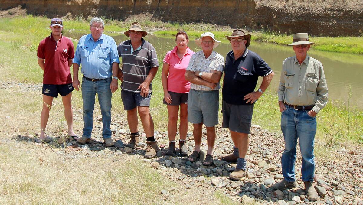 SEEKING ASSISTANCE: Wallamore Rd Landcare group members Paul  Carrigan, left,  Peter Baker, Wes  and Julie Brown, Lindsay Wilson, Jim Savage and David Gowing  are hoping for help from  council and member for Tamworth Kevin  Anderson to remediate the Peel River anabranch. Photo: Robert Chappel 160113RCA01002