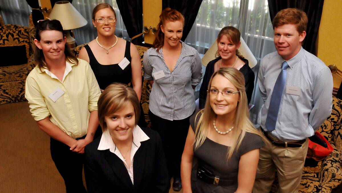 TOP OF THE CLASS: Front from left, Jo Newton, Candice Eyles, and back from left, Gail Forsyth, Felicity McLeod, Ashley Kelly, Nicole Simmons and Dwayne Schubert are all hoping to make the final eight in this year’s Rural Achiever of the Year awards. Photo: Geoff O’Neill 291112GOE02