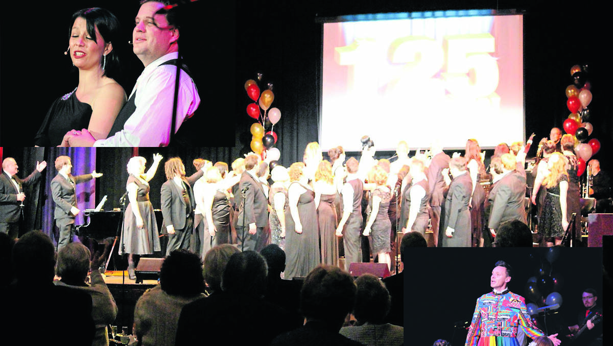 MAIN PHOTO: THANKS: The entire cast and orchestra say thank you to Tamworth Musical  Society for 125 Years of Blood,Sweat,and Cheers. TOP LEFT: LEFT – PERFECT PAIR: Vanessa  and Patrick Kelly entertain the crowd. BOTTOM RIGHT:  COLOURFUL  PERFORMER: Brad Gill and cast belt out a tune during the tribute to the Tamworth Musical Society.
