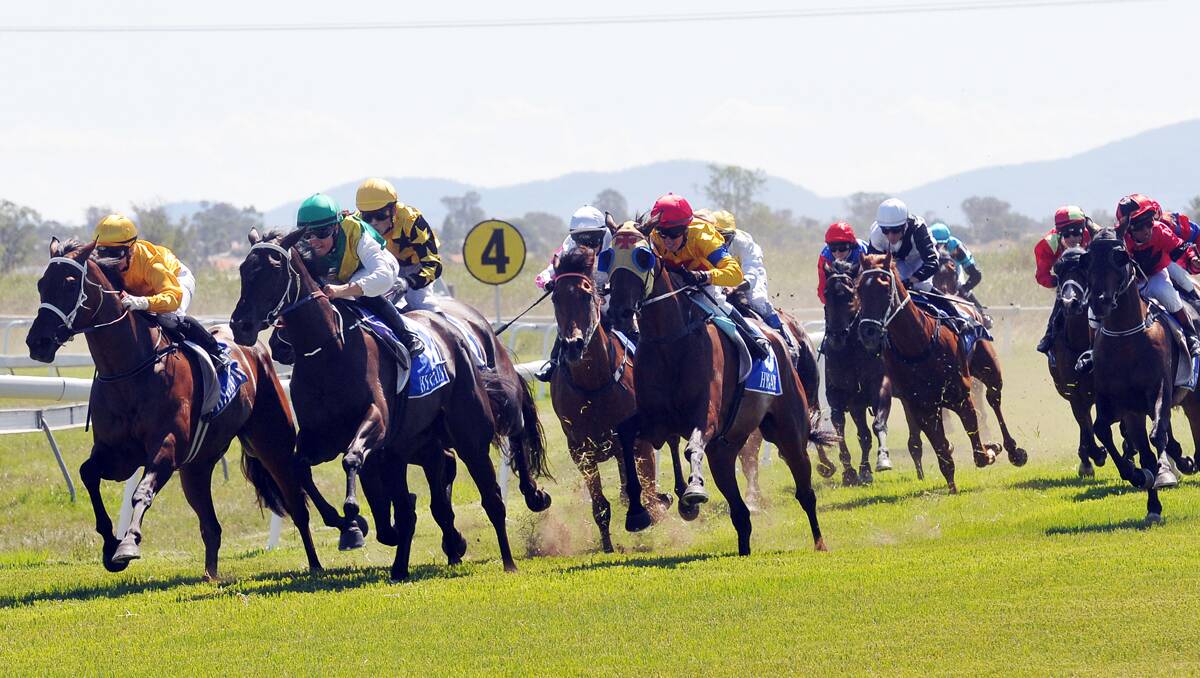 Equiano (green and yellow sash) moves up to race leader A Long Way at the turn before dashing home for a second career win at Tamworth for the Narrabri Golfer syndicate on Friday. Photo: Geoff O'Neill 040113GOC01