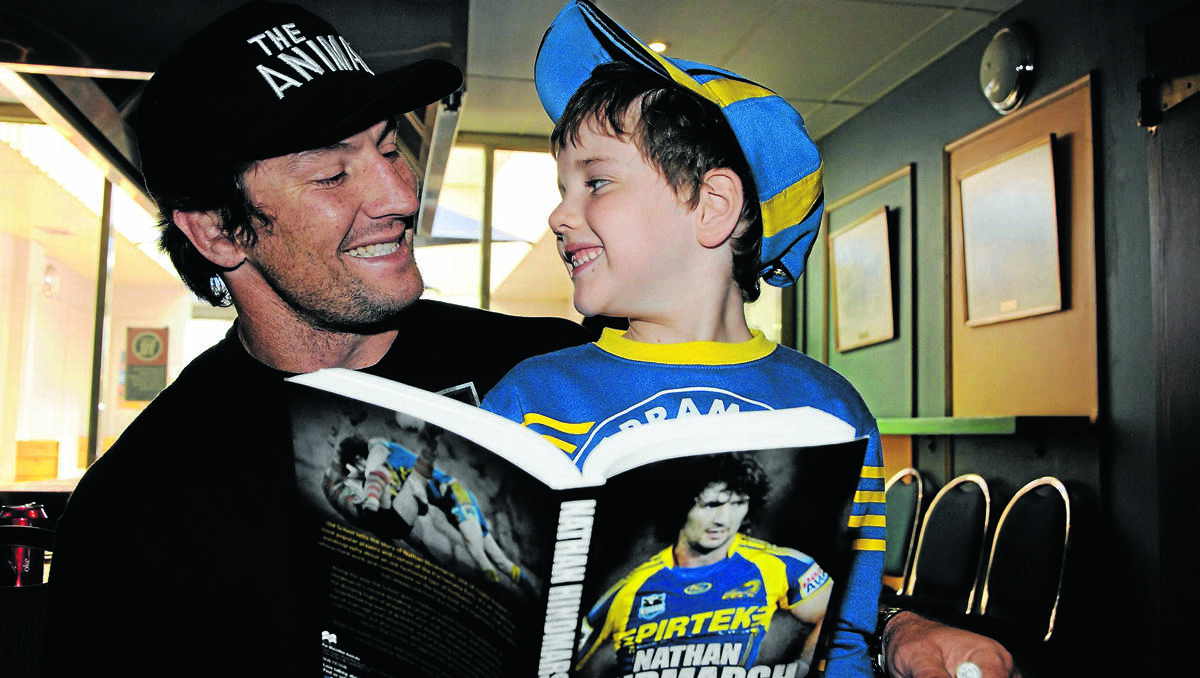 FAVOURITE: Young Gunnedah rugby league fanatic Brodie Coombs was thrilled to meet his hero, Nathan Hindmarsh. Photo: Peter Lorimer