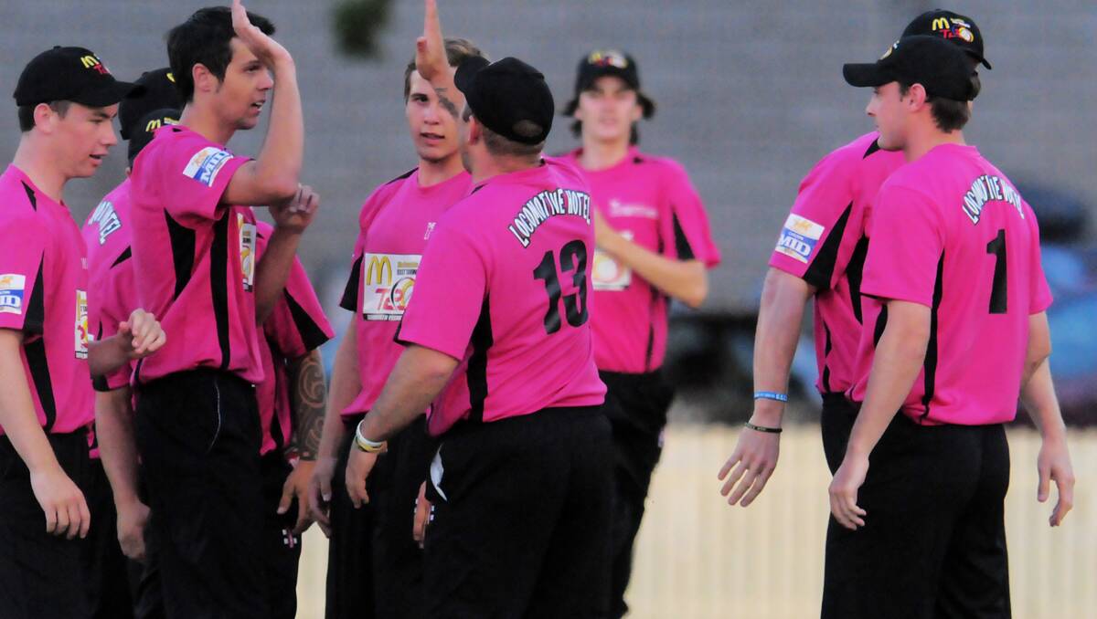 Loco players (from left to right) Hamish Batley, bowler Jarrard Abra, Leo Steyn, Richard Bullock (13) and Michael Rixon (1)  celebrate an early wicket in Friday night’s TPL final. Photo: Barry Smith 1412BSF15
