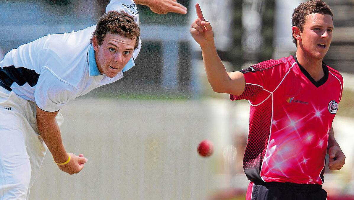 ON TOP OF THE WORLD: Josh Hazlewood in local cricket in 2007 (281207RCA36), and as part of the Sydney Sixers team during a Champions League Twenty20 match. Photo: Carl Fourie/Getty Images