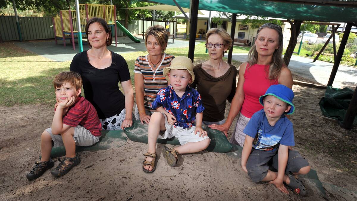 CALLING FOR FUNDING: Montessori Preschool is behind a push seeking better funding for the state’s preschools. Pictured are five-year-old Dominic and his mum Anita Barbara, Montessori Tamworth's president, teacher Christine Pretorius, two-year-old Hugh and four-year-old Jack Mitchell, preschool director Ros Hartley and parent Sonia Mitchell. Photo: Barry Smith 141212BSD02