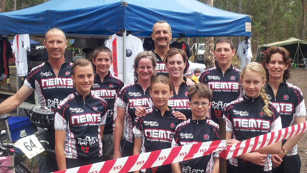 The New England Mountain Bikers (from left) David Harris, Katherine Hosking, Michael Harris, Lisa Harris, Peter Hosking, Isabella Hosking, Barb Hosking, Greg Manttan, Emily Wooster and Megan Wooster performed well in the Grafton 12hr event on the weekend.