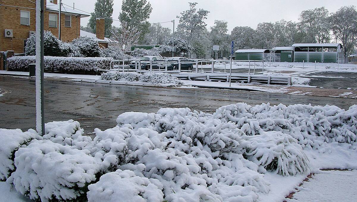 TOWN SHIVERS: Guyra’s main street is covered by a blanket of snow. TOP – The snow comes down near Guyra. Photos: Guyra Argus