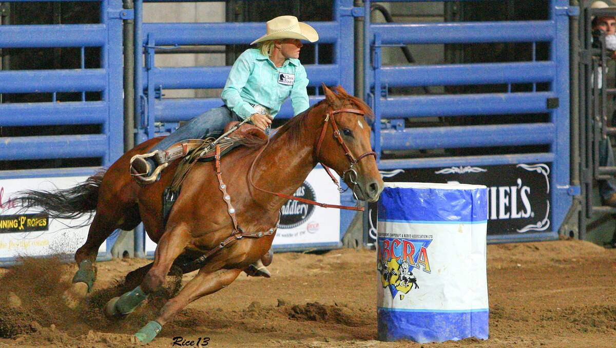 Jo Farquhar contests Wednesday night’s first round of barrel racing at the ABCRA NFR. Photo: courtesy Yvonne Rice