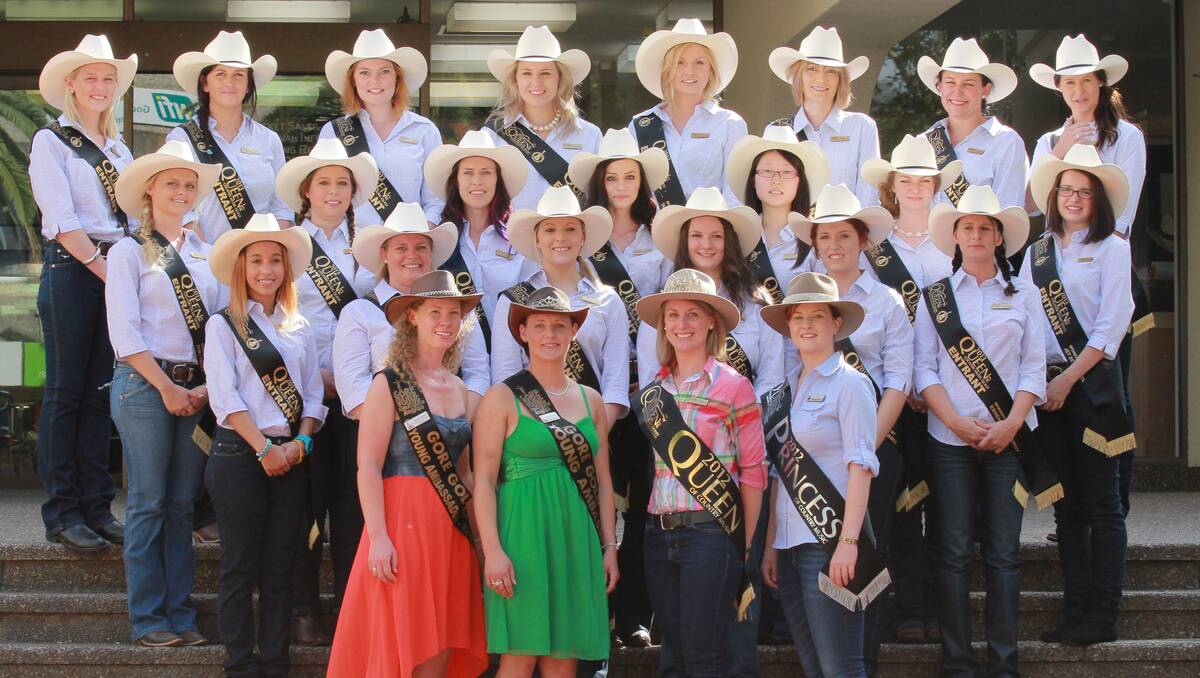 SASHED: The 21 entrants in the 2013 Queen of Country Music Quest, accompanied by the Queen and princess from Gore's festival, front left, and last year's 2012 Country Music Queen Dimity Chaseling and princess Shae McIntosh. Photo: Robert Chappel 180113RCB011