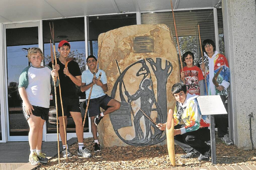 NAIDOC Week celebrations. PICTURED at the Cumbo Gunerah (Red Kangaroo) memorial in Abbott Street after the run from Breeza are Jack Mills, Tony Griffiths Junior, Ivan Smith, David Golsby, Samuel Griffiths and Joey Golsby. Photo: Marie Hobson, Namoi Valley Independent. 