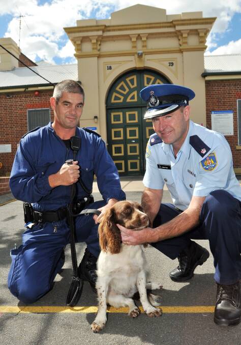 Ricky Gay, Michael Page and drug dog Candy during an operation at the Tamworth Correctional Centre. Photo:Geoff O'Neill 180313GOD02